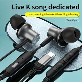 Type-C Wired Voice-Changing Earphones, Intra-Auricular Karaoke Buds with Sound Card and Volume Control Buttons for Multi-Mood Effects, Suitable for Live Streaming & Recording Singing, 3D Stereo HIFI Quality Gaming Music Vocal Proactive Noise Cancelling