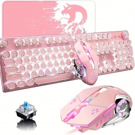 Gaming Keyboard And Mouse, Retro Steampunk Vintage Typewriter-Style Mechanical Keyboard with White LED Backlit, 104-Key Anti-Ghosting Blue Switch Wired USB Metal Panel Round Keycaps