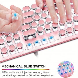Gaming Keyboard And Mouse, Retro Steampunk Vintage Typewriter-Style Mechanical Keyboard with White LED Backlit, 104-Key Anti-Ghosting Blue Switch Wired USB Metal Panel Round Keycaps