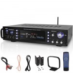 Bluetooth Hybrid Stereo Amplifier Receiver with AM/FM Radio, Digital LCD Display, USB/SD MP3 Playback, Multi-Channel Source Audio Selection, Dual Microphone Inputs, Subwoofer Output, AUX and RCA Connectors, Headphone Jack, LED Backlight, Cooling Fan, Rack-Mount Design, Remote Control, and Audio Adjustment Controls for Home Theater, Karaoke, and Music Entertainment