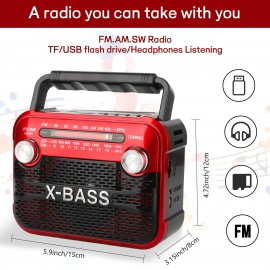 X-BASS Portable FM Radio with Flashlight - 800mAh Rechargeable Battery, Multi-Band (FM/AM/SW1-6), USB/TF/BT Playback, 2-4H Playtime, Red & Black, Ideal for Indoor & Outdoor Use, Radio Portable Rechargeable